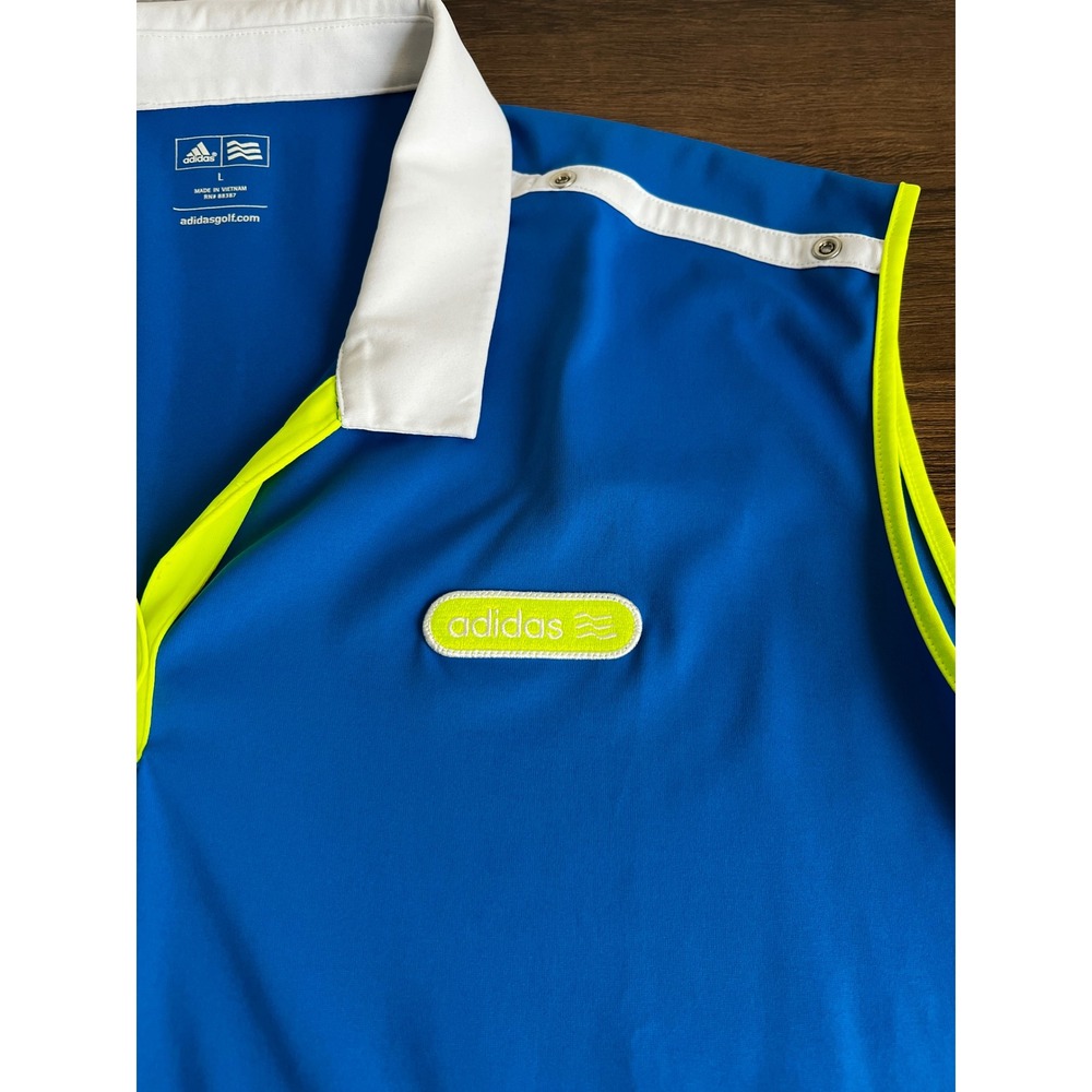 Adidas Golf Womens Sleeveless Polo Shirt Blue Neon Yellow Graphic Size L - Picture 4 of 8